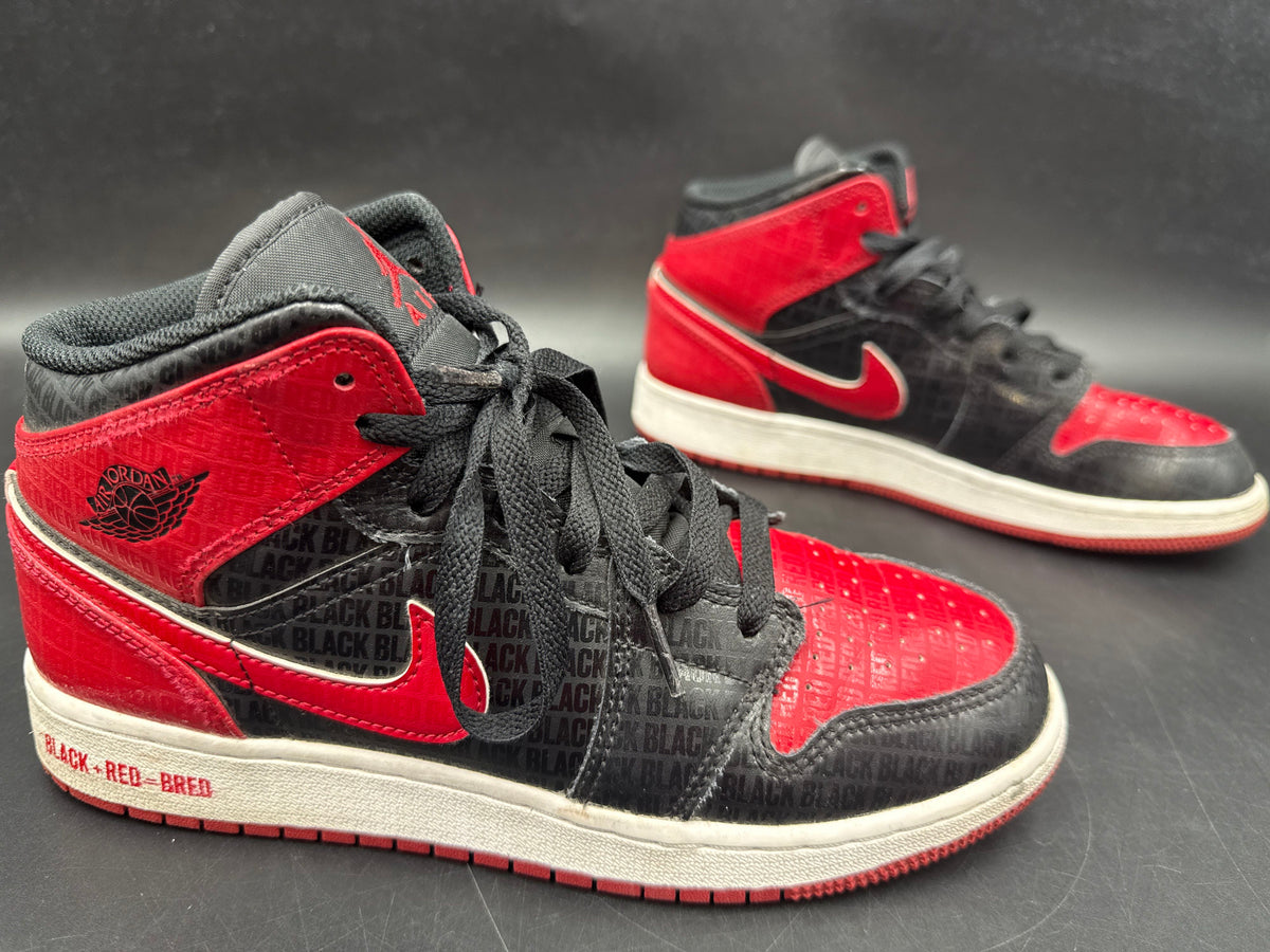 Nike Air Jordan 1 Mid Bred Text Black Red Youth Basketball Size 6.5Y COA