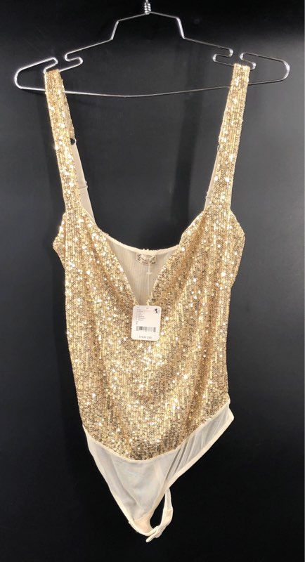Free People Women's Gold Sequin V-Neck Bodysuit Mesh Thong NWT Size S