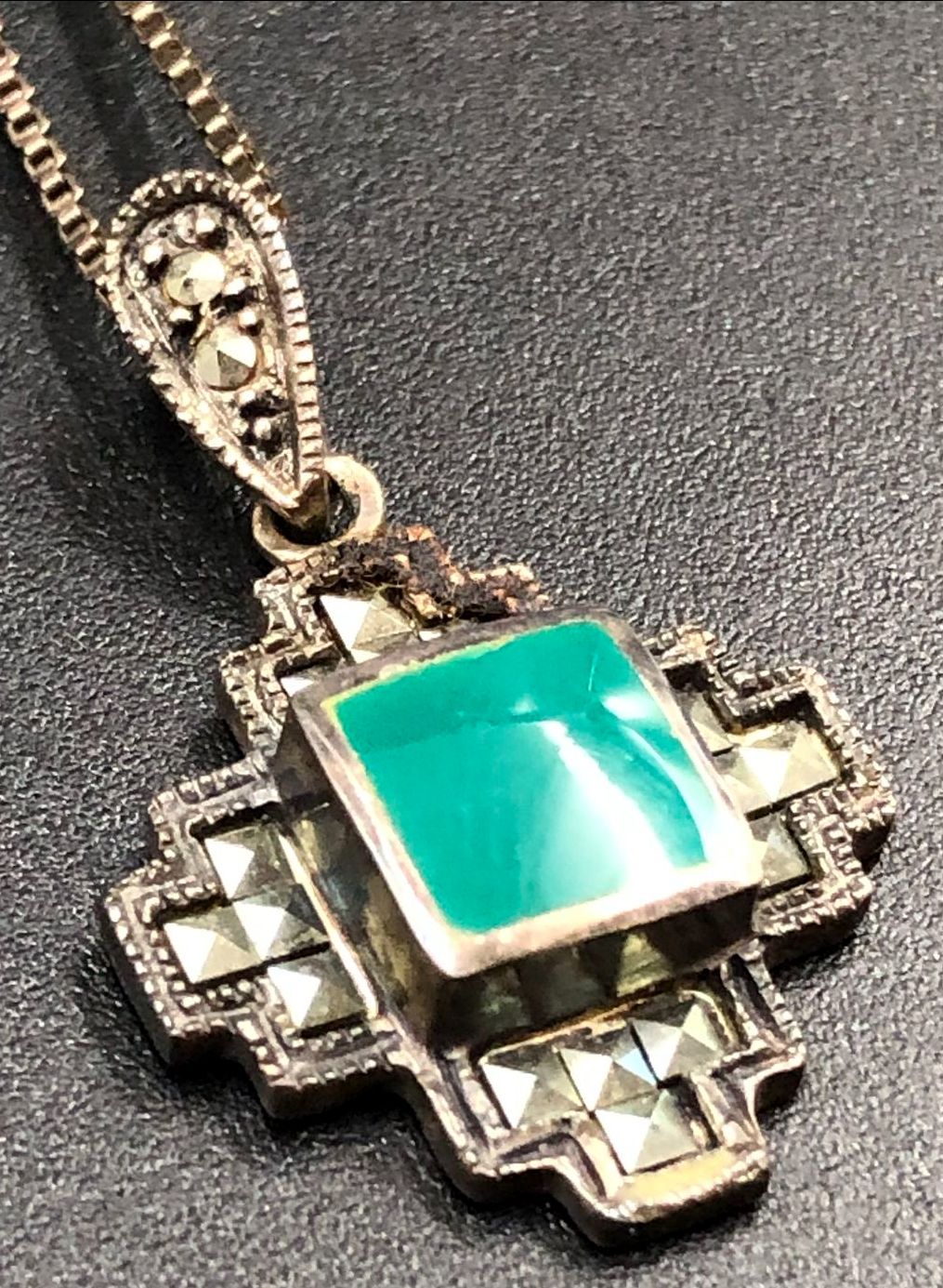 Sterling Silver 925 Green Stone Marcasite Art Deco Cross Pendant Necklace 20"