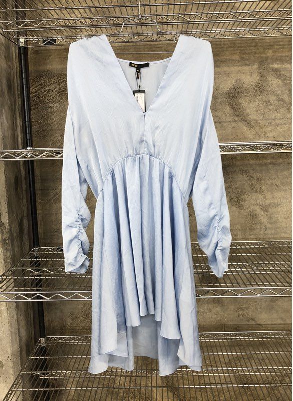 Maje Women's Oliver Jacquard V-Neck High Low Dress Light Blue NWT Sz 42