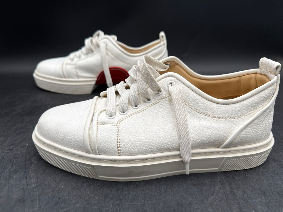 Red Sole Louboutin Style White Pebbled Leather Low Top Sneakers Men's Size 41