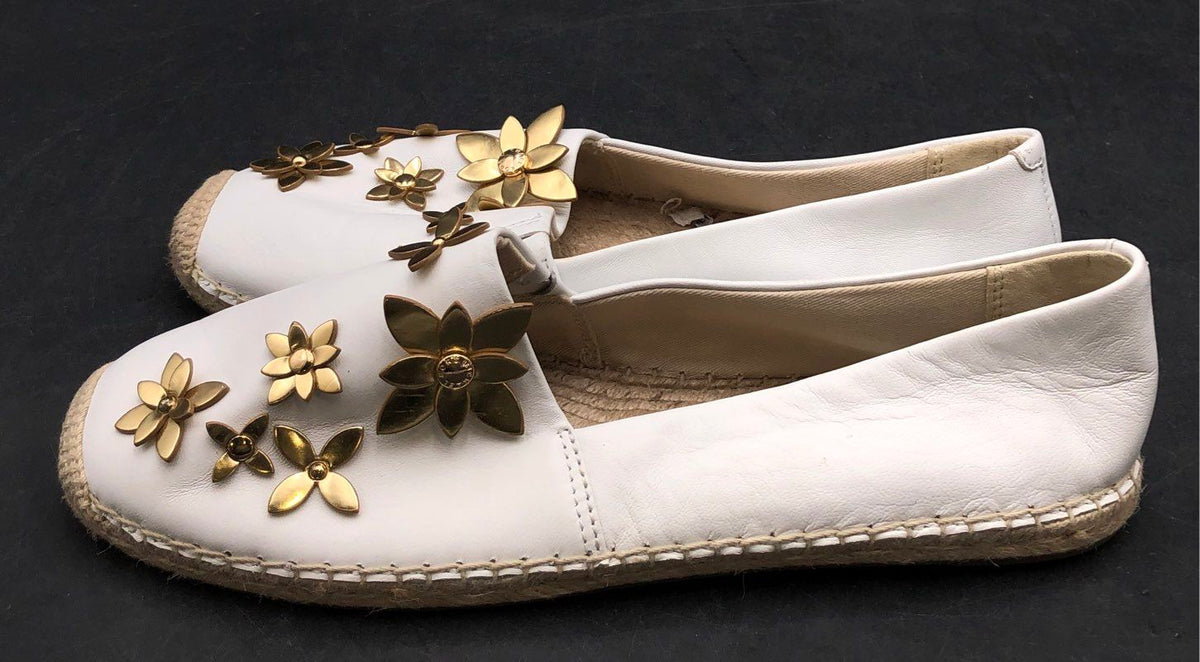 Michael Kors White Leather Gold Floral Applique Espadrille Flats Size 7