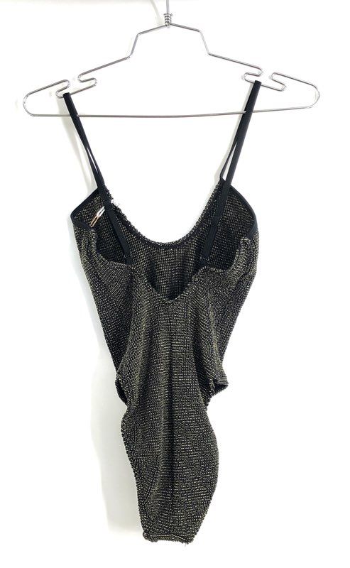 Good American Women's Black Gold Metallic One Piece Swimsuit Ribbed NWT Sz 00/0