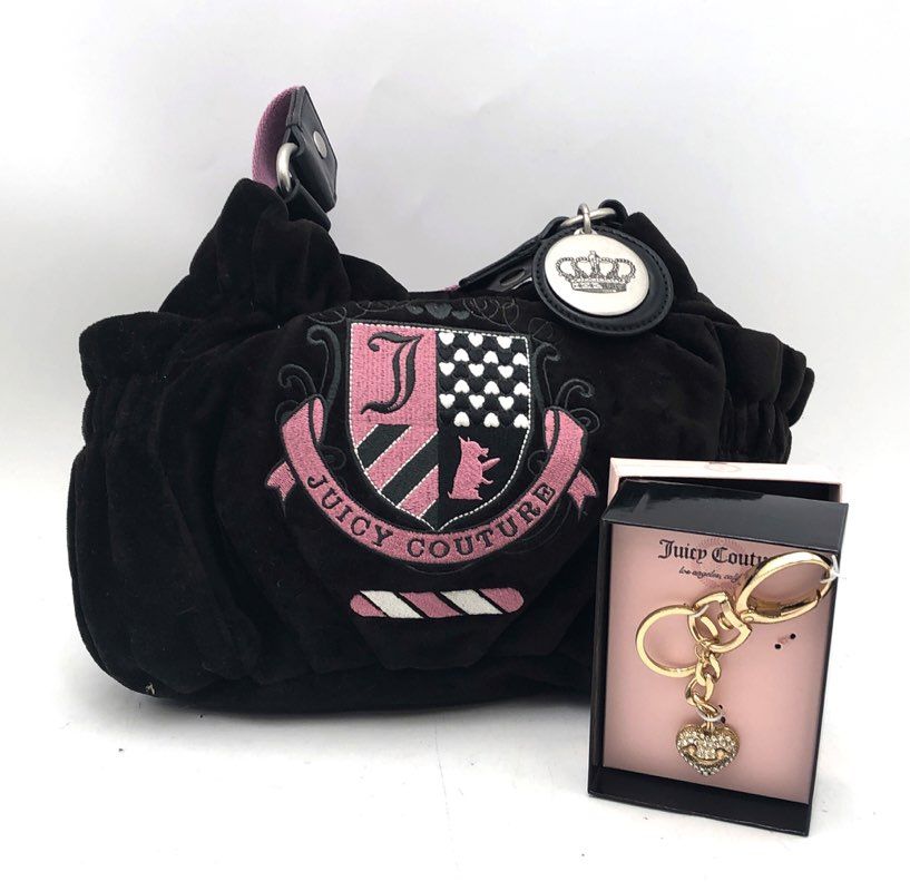 Vintage Juicy Couture Black Velour Crest Handbag NWT & Heart Keychain Lot of 2