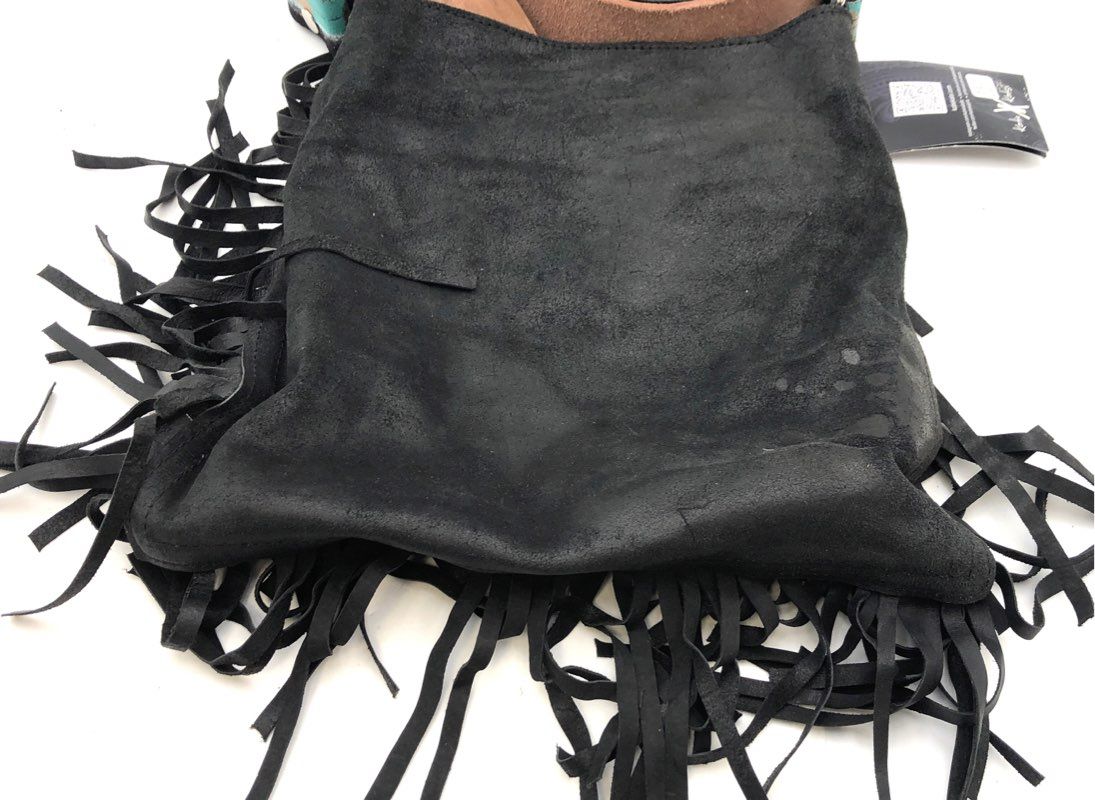Katie Kalsi Black Suede Boho Fringe Crossbody Bag Painted Artisan Strap NWT