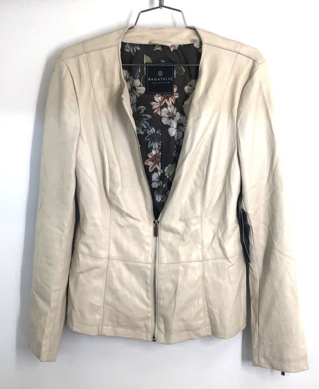 Bagatelle Collection Women's Off White Faux Leather Floral Zip Jacket Sz M