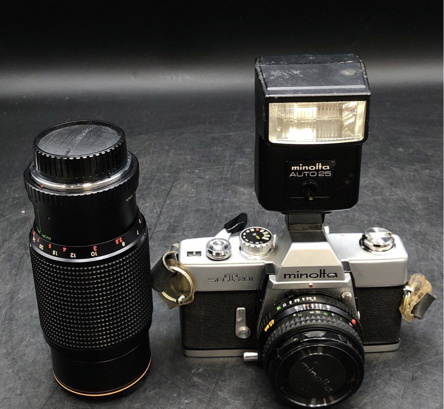 Minolta SRT 201 35mm SLR Film Camera With Lens & Flash