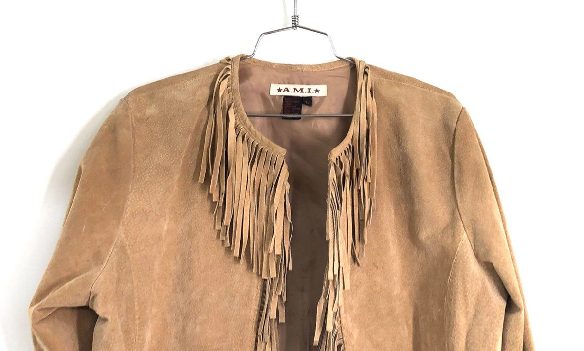 A.M.I. Women's Sand Tan Leather Fringe Western Open Front Jacket Size L