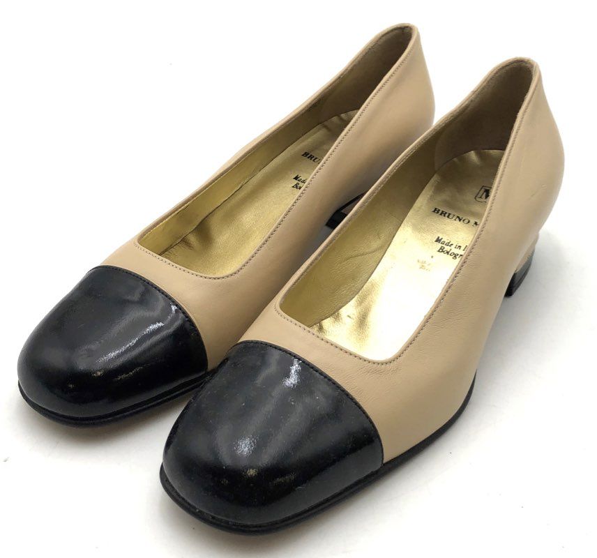 Bruno Magli Beige Black Cap Toe Low Block Heel Leather Pumps Size 7.5 B