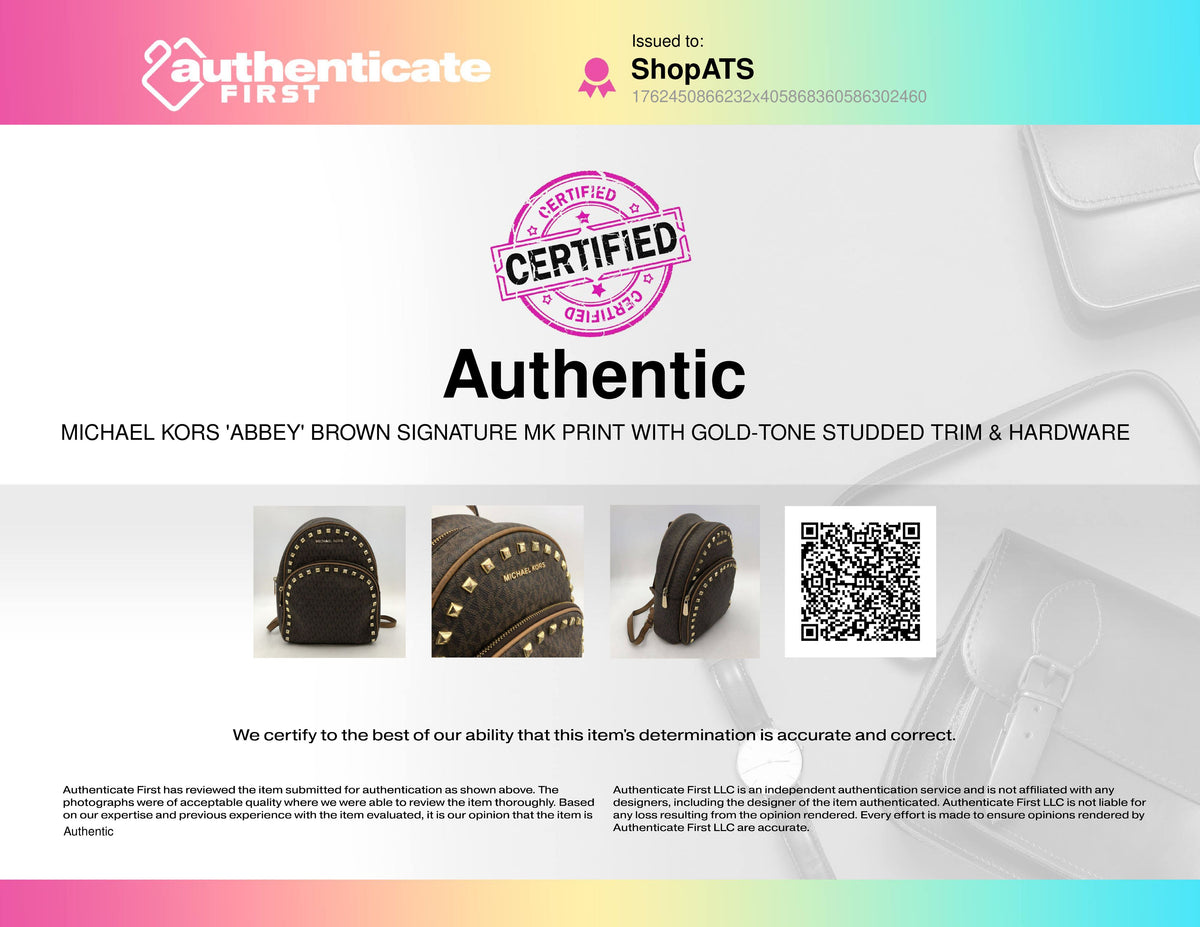 Michael Kors 'Abbey' Brown Signature Print Backpack w/ Gold Studded Trim (+COA)