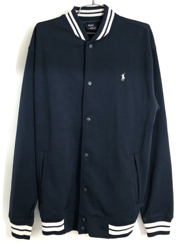 Polo Ralph Lauren Men's Navy Blue Cotton Striped Varsity Bomber Jacket Sz XL