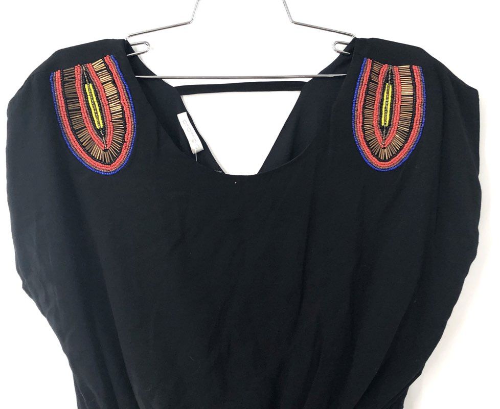 Promod NWT Women's Black Dress Beaded Shoulder Dolman Sleeve Sz 8
