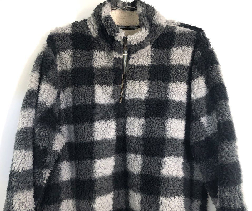 Ramatex Cabin Fever Men's Gray Black Buffalo Plaid Sherpa Pullover Fleece Sz M
