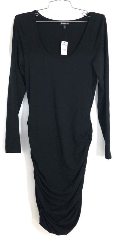 Express Women's Black Ruched Side Long Sleeve Scoop Neck Dress Sz M NWT