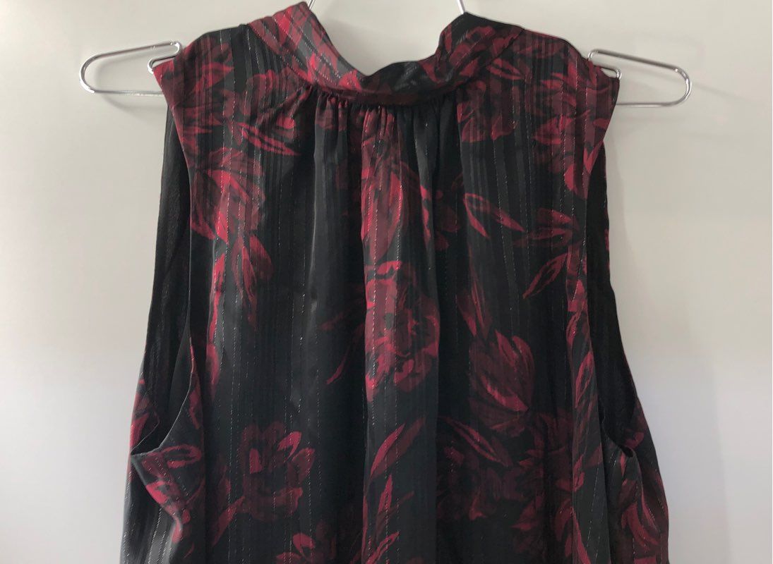 NWT White House Black Market Women&#39;s Dahlia Black Burnout Tie Blouse - Size L