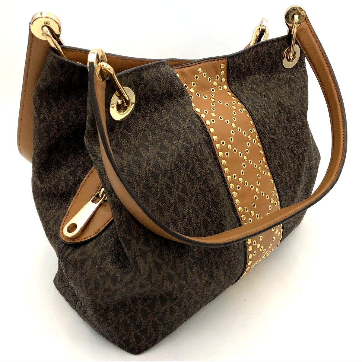 Michael Kors 'Raven' Signature Print Shoulder Bag w/ Leather Trim & Studs (+COA)