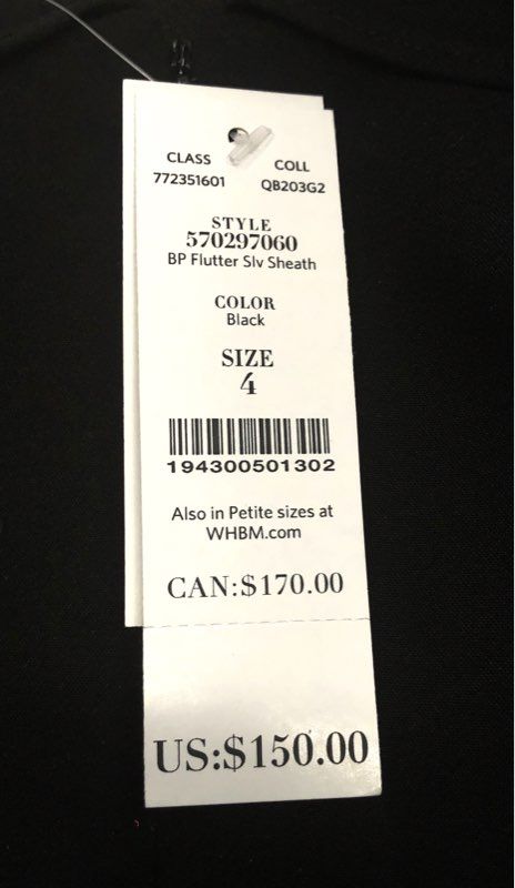 White House Black Market Women's Black Flutter Sleeve Sheath Dress NWT Sz 4