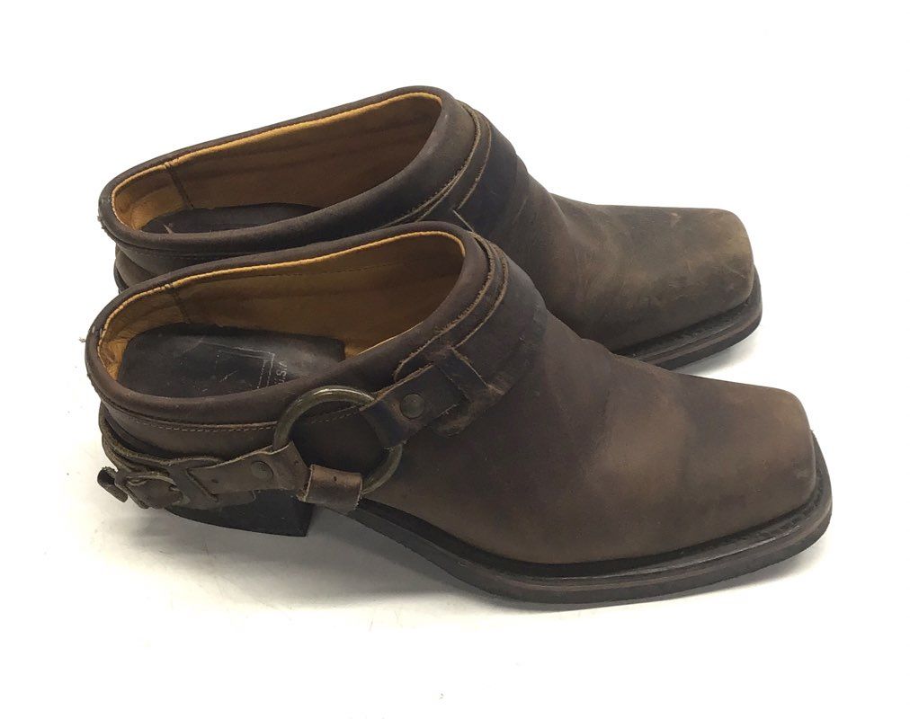 Frye Harness Mule Brown Leather Clogs Square Toe Made in USA Women's Size 7.5