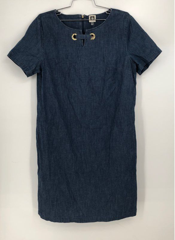 NWT Anne Klein Women&#39;s Blue Split Neck Short Sleeve Denim Shift Dress - Size 10