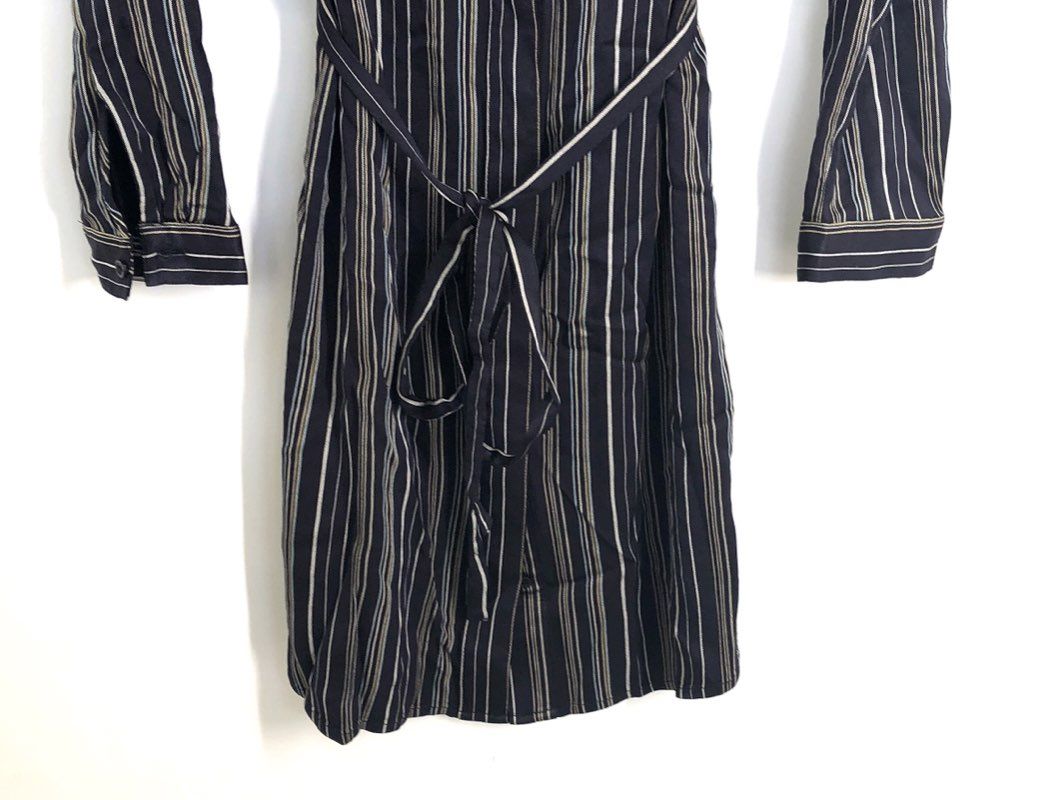 Ann Taylor Women's Navy Striped Shirt Dress Tie Waist Long Sleeve V-Neck Sz S