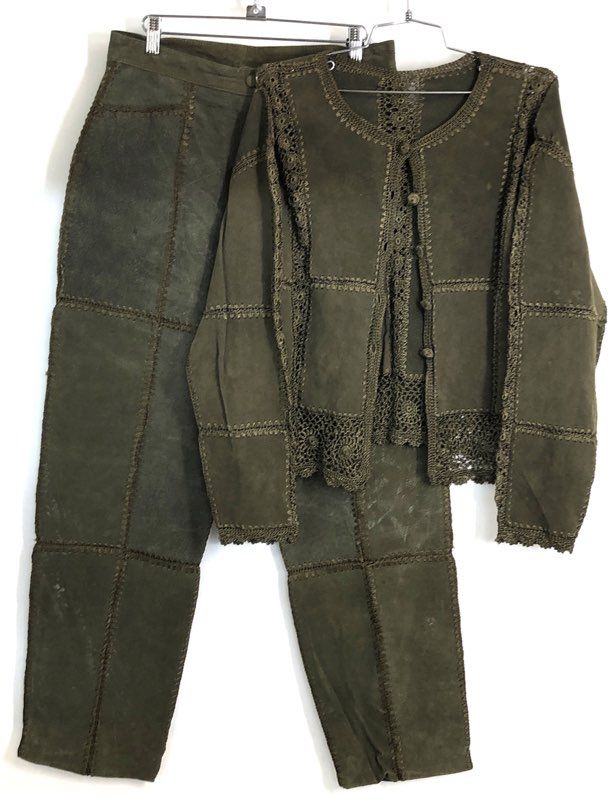 Vintage 90s Selene Sport Women's Olive Green Suede Leather Patchwork Set Sz 12
