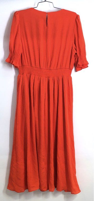 DKNY Women's Orange Smocked Waist Textured Midi Dress V-Neck NWT Sz 12