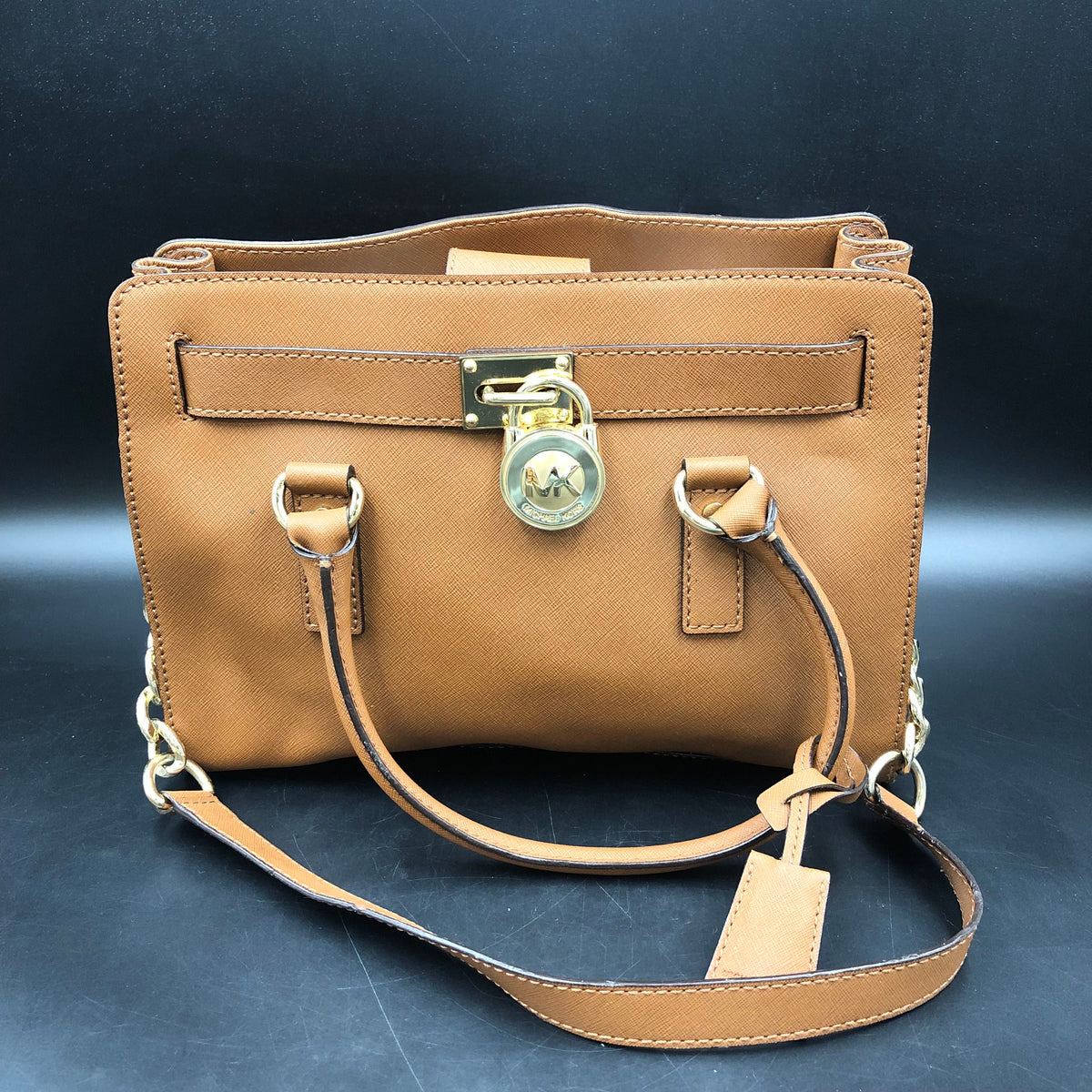 Michael Kors Pecan Brown Leather Jet Set Satchel Bag Gold Hardware COA