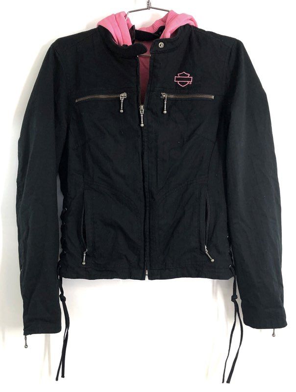 Harley-Davidson Women's Black Cotton Moto Jacket Pink Hood Side Lace Sz S