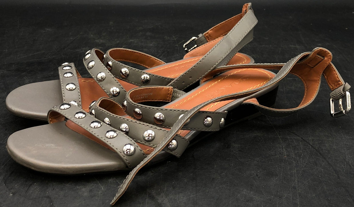 Coach Jaci FG3451 Grey Leather Studded Ankle Strap Sandals Size 7.5