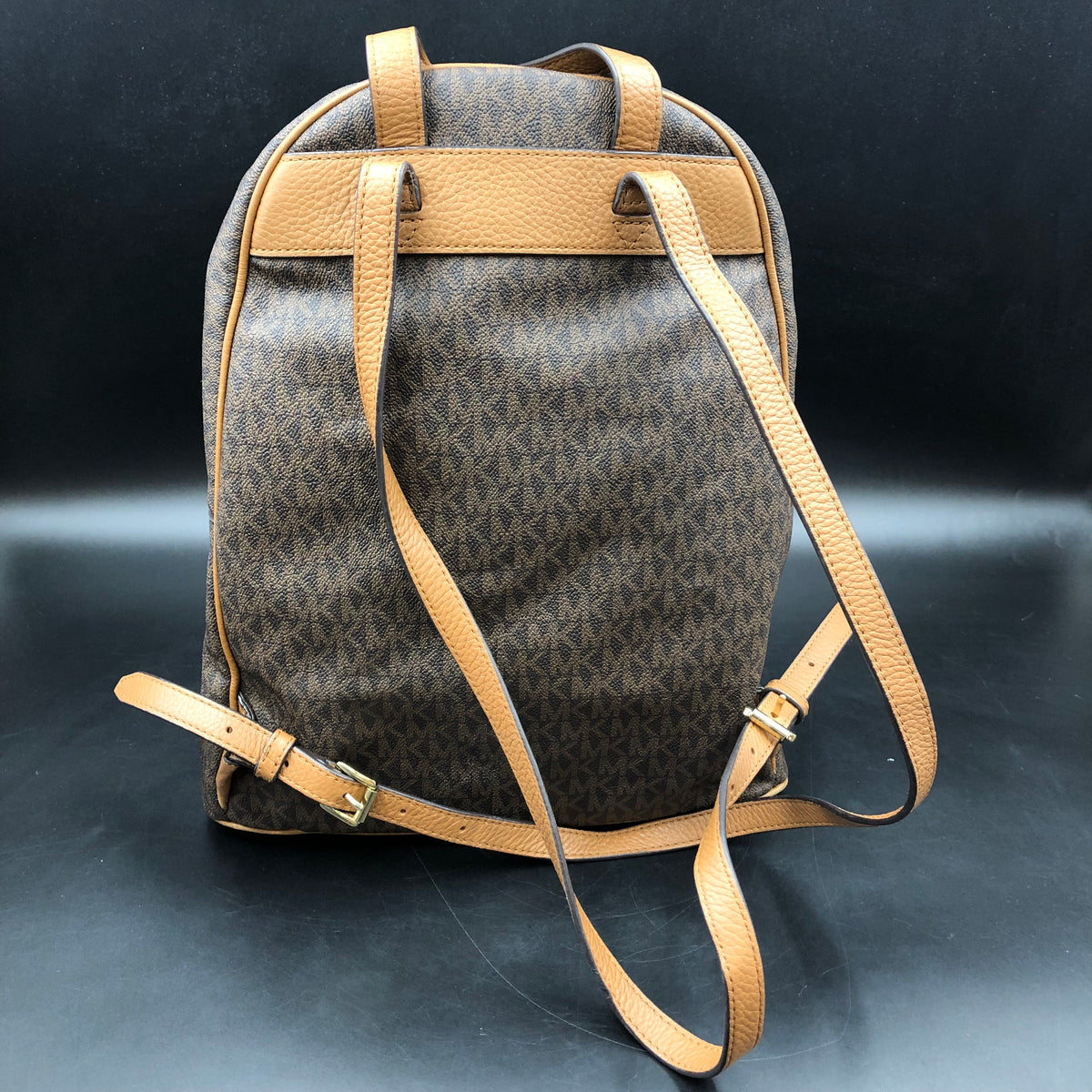 Michael Kors Brown Signature Print Pacey Backpack Gold Hardware COA