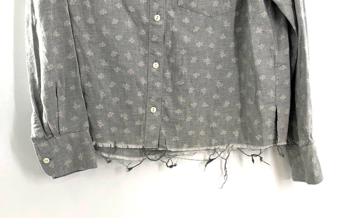Current/Elliott Women's Gray Floral Button Down Shirt Raw Hem Distressed Sz 1
