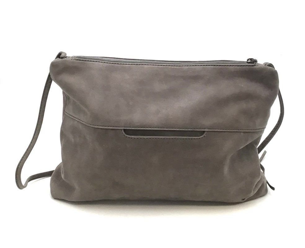 Hobo Gray Taupe Suede Leather Slouchy Crossbody Bag Purse Silver Hardware