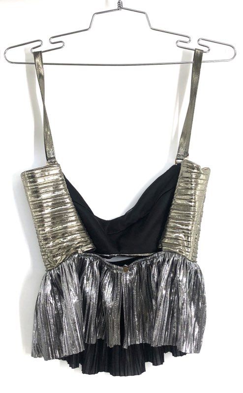 Sabina Musayev Women's Nibar Peplum Top Silver Metallic Pleated Sleeveless L NWT