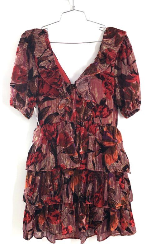 Adelyn Rae Women's Mini Dress Cherry Red Floral Metallic Tiered Ruffle Sz S NWT