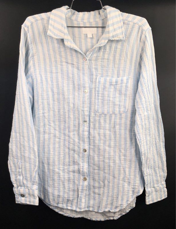 EVERY Women's Blue White Striped Crinkle Cotton Gauze Button Up Shirt Sz M