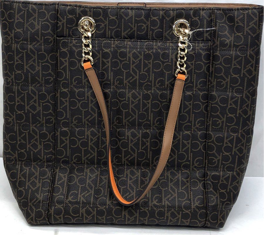 Calvin Klein Brown Monogram Coated Canvas Tote Bag Orange Gold Hardware
