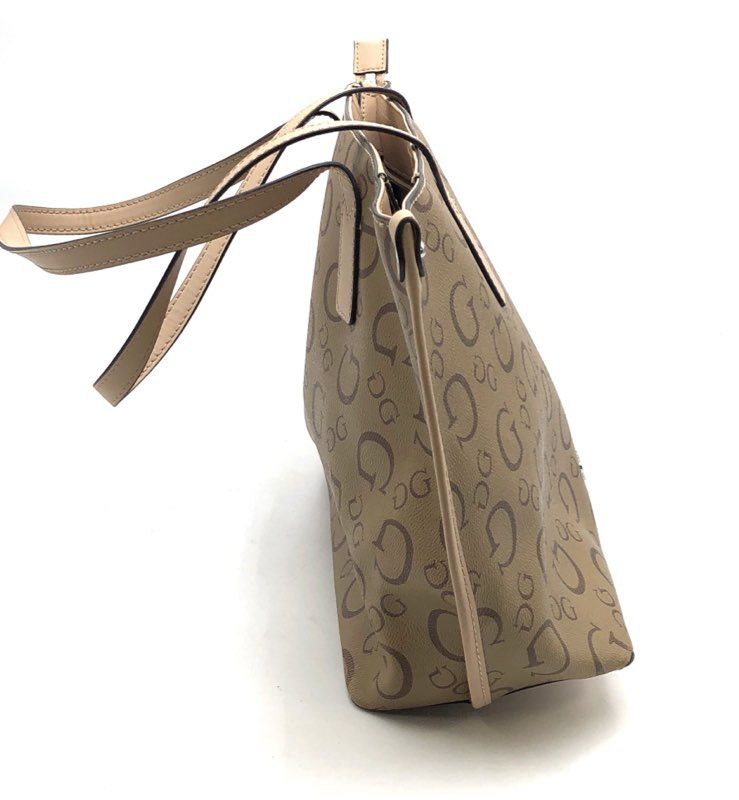 Guess Beige Brown Monogram G Logo Tote Bag Handbag with Matching Pouch Set