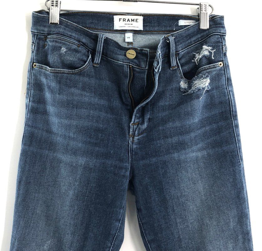 FRAME Women's Le High Skinny Saxon Jeans Blue Distressed Ripped High Rise Sz 28