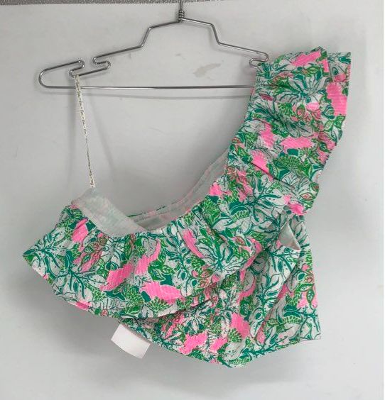 Lilly Pulitzer Kasida Ruffle Crop Top Pink Green One Shoulder NWT Women's 10