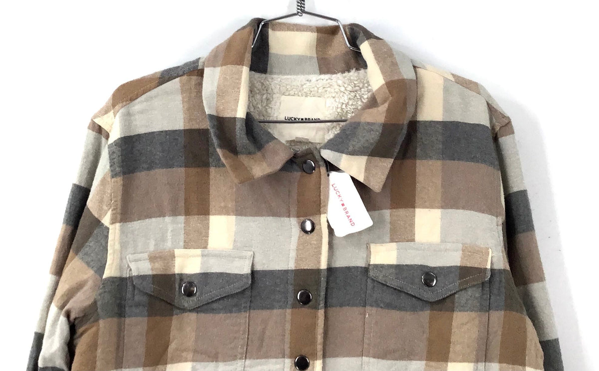 NWT Lucky Brand Men's Brown Plaid Cotton Shirt Jacket - Size M