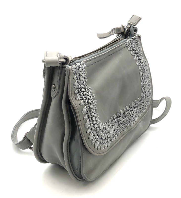 The Sak Grey Playa Leather Crochet Trim Crossbody Bag NWT