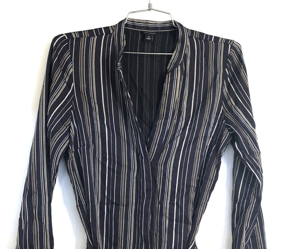 Ann Taylor Women's Navy Striped Shirt Dress Tie Waist Long Sleeve V-Neck Sz S