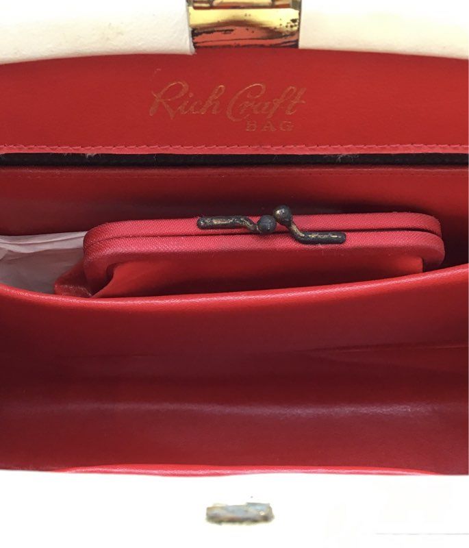 Vintage 1960s Rich Craft White Leather Frame Bag Satchel Red Lining Coin Purse