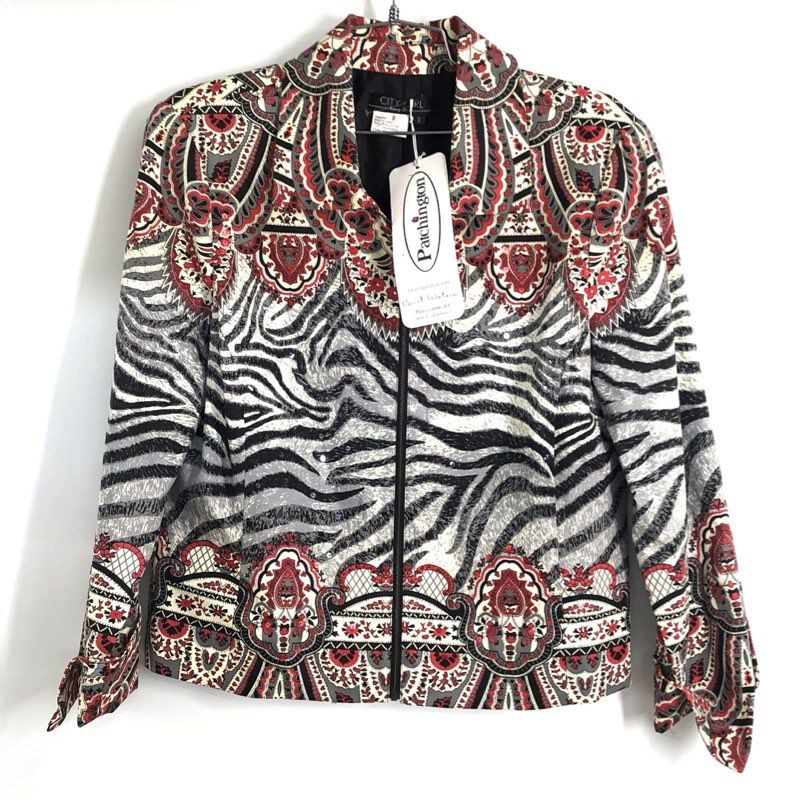 City Girl Nancy Bolen Women's Zebra Paisley Sequin Zip Up Jacket NWT Sz S