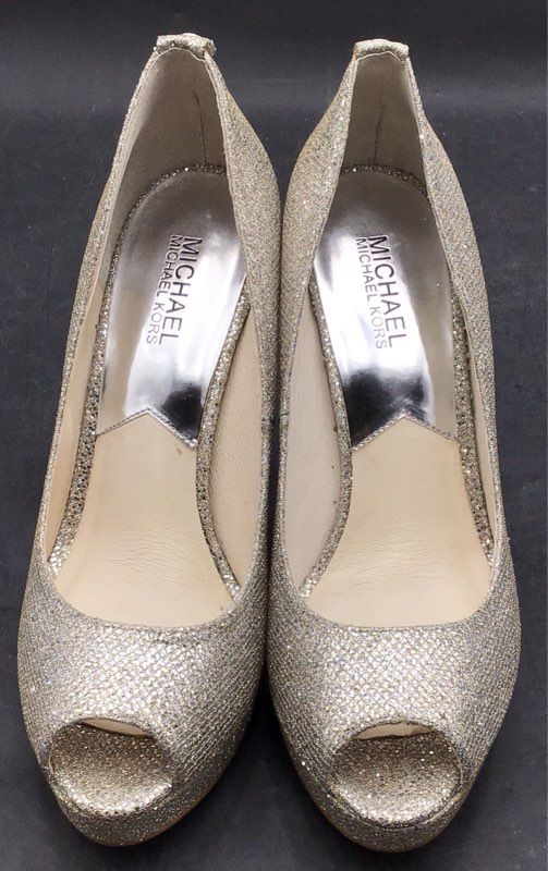 Michael Kors York Silver Glitter Platform Peep-Toe Heels Size 8