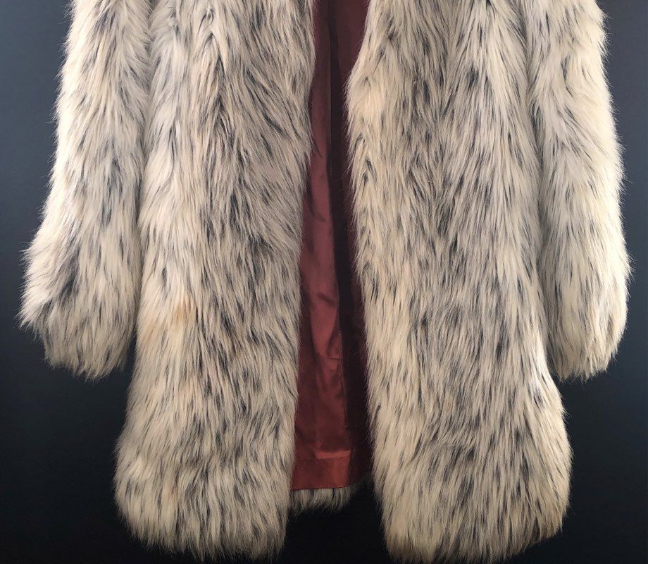 Vintage 80s Outerlayers Women's Cream Black Shag Faux Fur Coat Sz 11/12