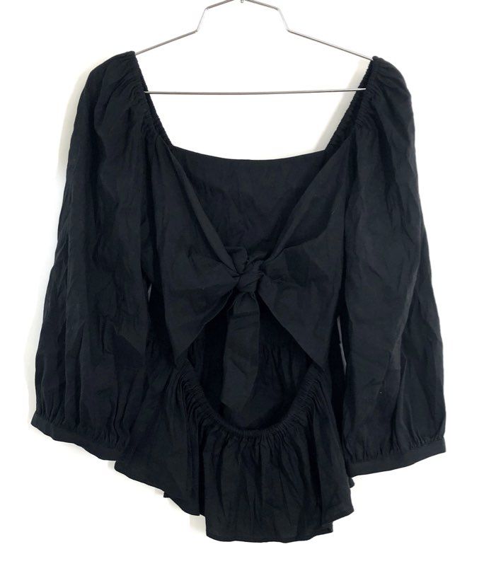 Fifteen Twenty Women's Black Linen Blend Tie Back Top Puff Sleeve Open Back XS