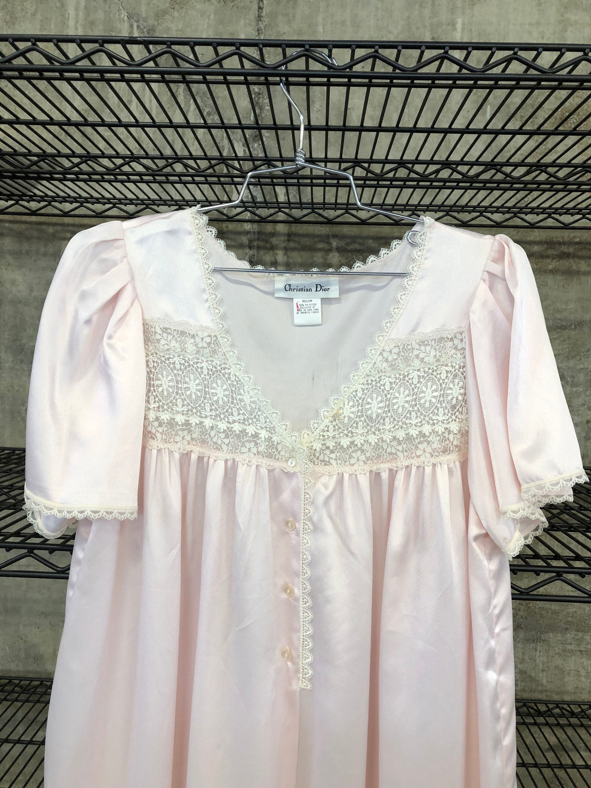 Vintage 90s Christian Dior Women's Pale Pink Lace Trim Nightgown Sz M