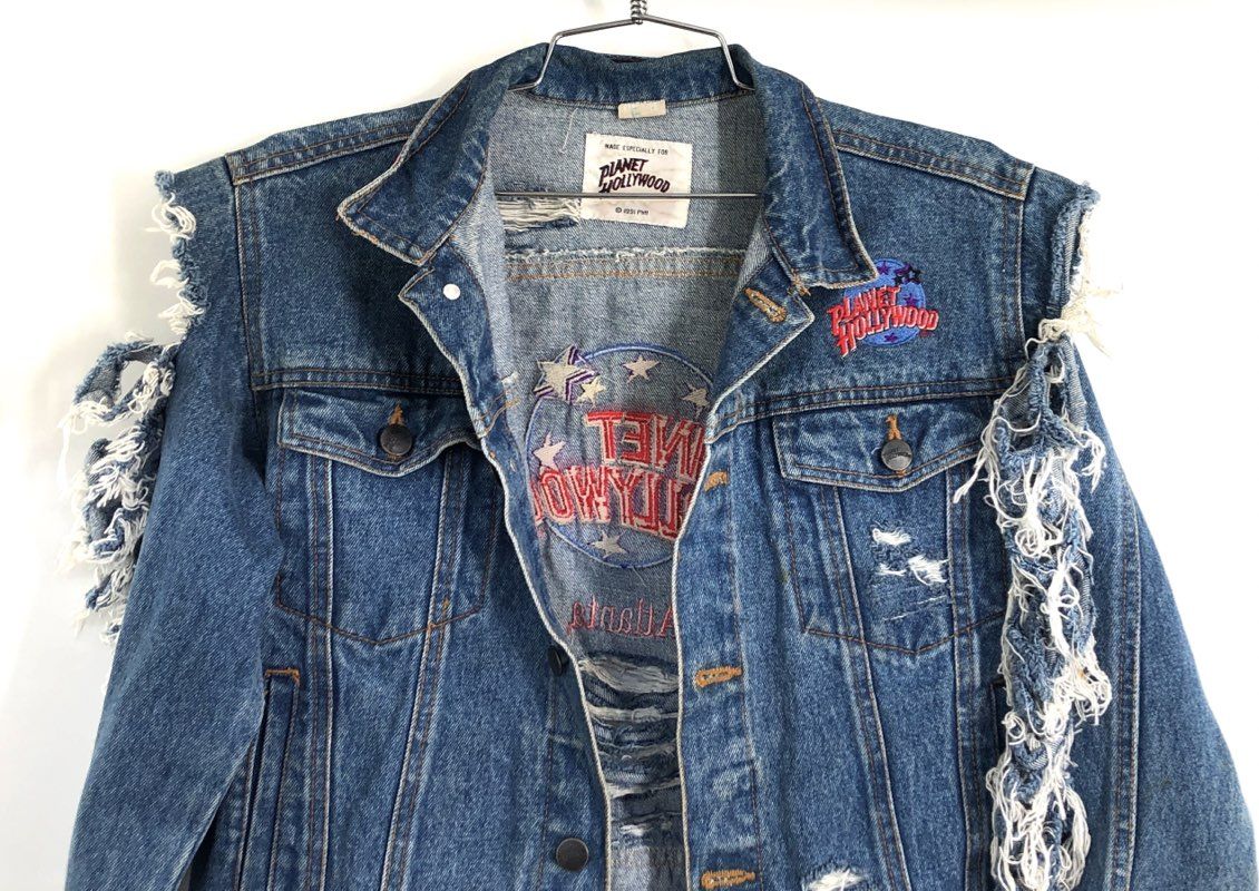 Vintage 90s Planet Hollywood Atlanta Denim Jacket Distressed Embroidered Sz 10