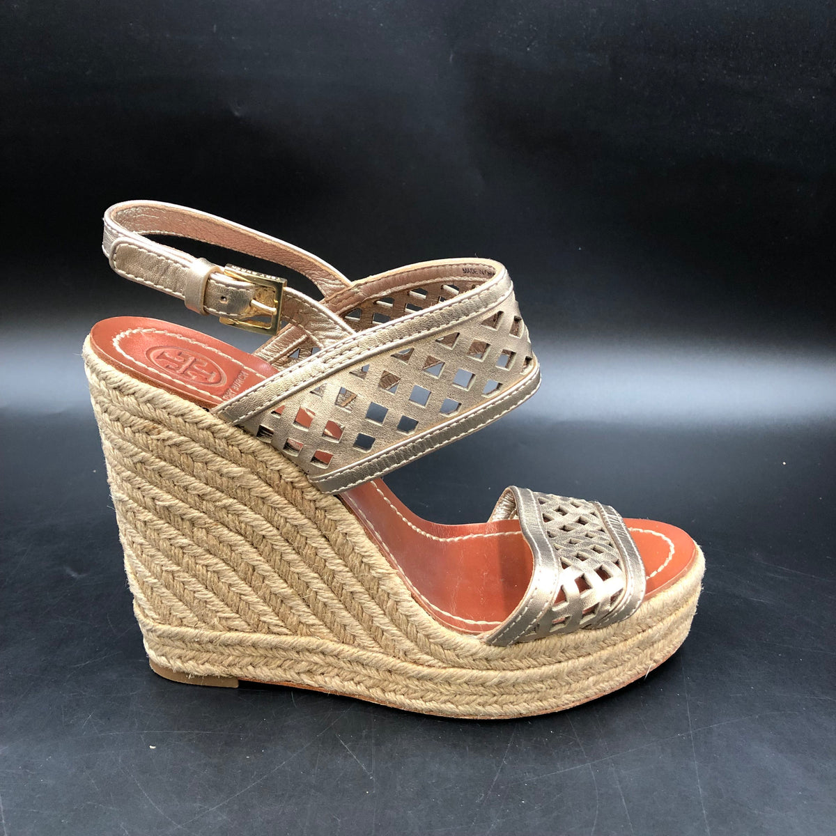 Tory Burch Metallic Gold Laser-Cut Espadrille Wedge Sandals Size 7 COA